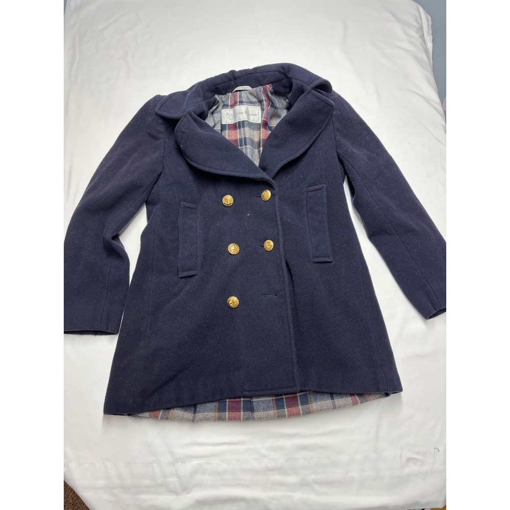Evan-Picone Navy 100% Wool Double Breasted Pea Coat Gold Crest Buttons Italy